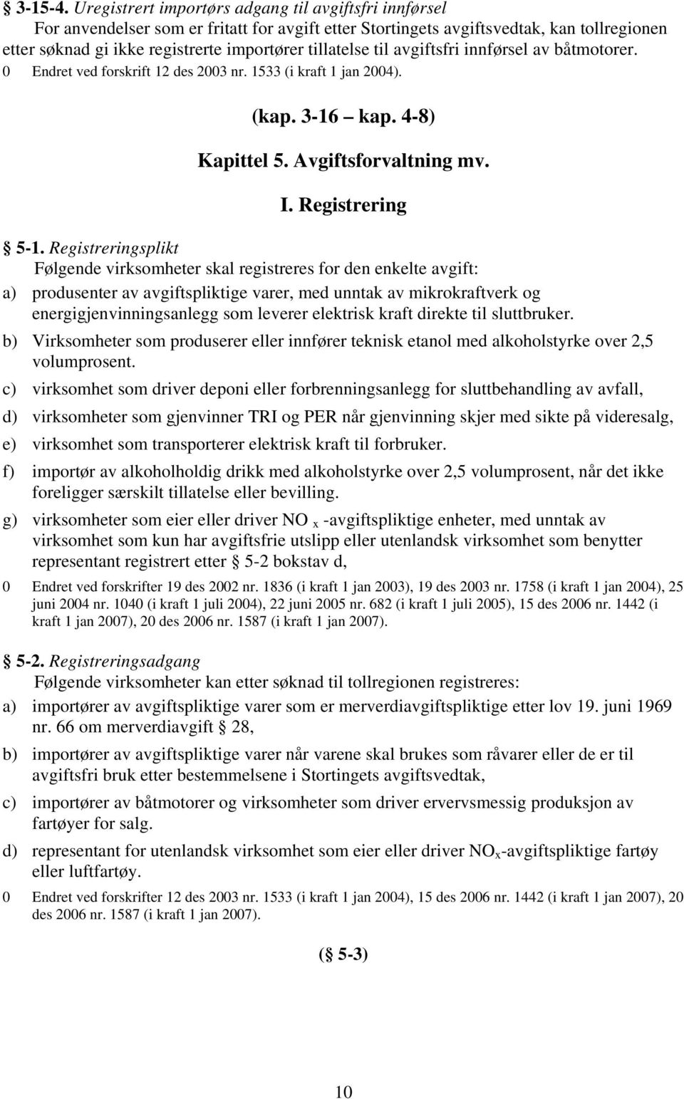 tillatelse til avgiftsfri innførsel av båtmotorer. 0 Endret ved forskrift 12 des 2003 nr. 1533 (i kraft 1 jan 2004). (kap. 3-16 kap. 4-8) Kapittel 5. Avgiftsforvaltning mv. I. Registrering 5-1.