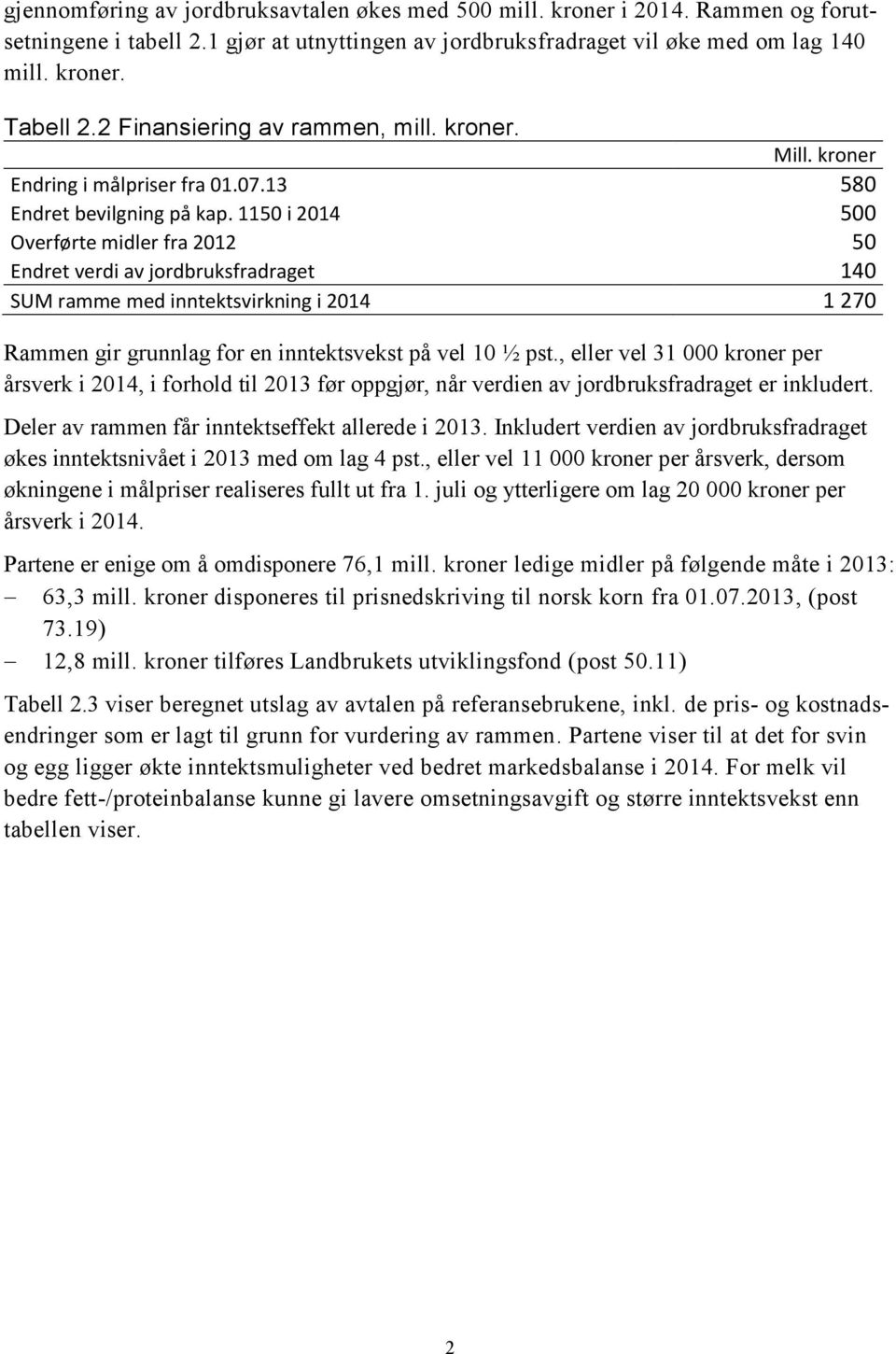 1150 i 2014 500 Overførte midler fra 2012 50 Endret verdi av jordbruksfradraget 140 SUM ramme med inntektsvirkning i 2014 1 270 Rammen gir grunnlag for en inntektsvekst på vel 10 ½ pst.