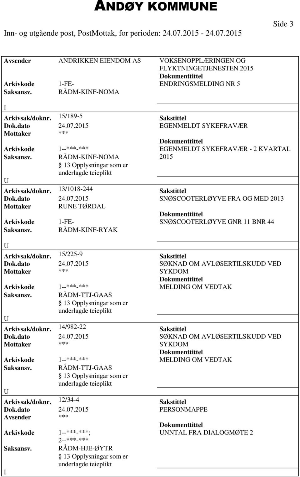 13/1018-244 Sakstittel Dok.dato 24.07.2015 SNØSCOOTERLØYVE FRA OG MED 2013 Mottaker RNE TØRDAL Arkivkode 1-FE- SNØSCOOTERLØYVE GNR 11 BNR 44 Saksansv. RÅDM-KNF-RYAK Arkivsak/doknr.