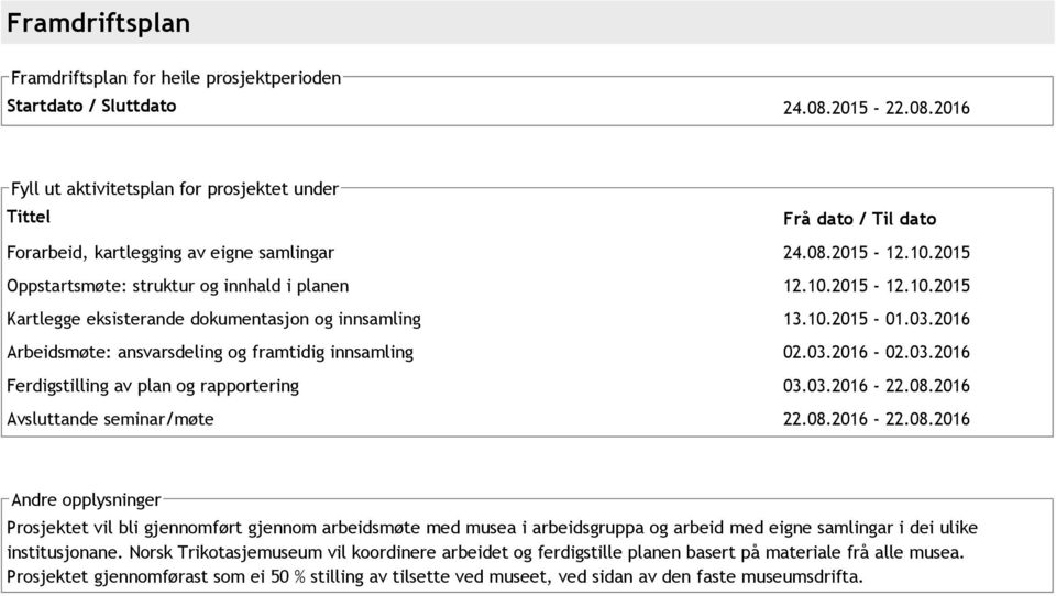 10.2015 12.10.2015 Kartlegge eksisterande dokumentasjon og innsamling 13.10.2015 01.03.2016 Arbeidsmøte: ansvarsdeling og framtidig innsamling 02.03.2016 02.03.2016 Ferdigstilling av plan og rapportering 03.