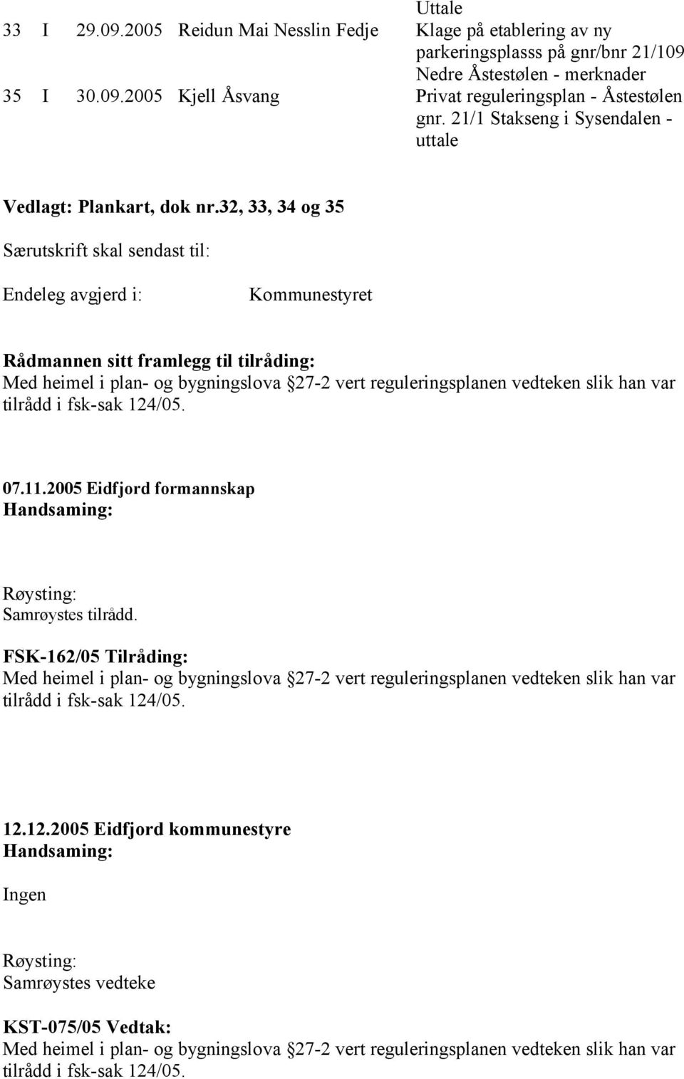 Nedre Åstestølen - merknader 35 I 30.09.2005 Kjell Åsvang Privat reguleringsplan - Åstestølen uttale Vedlagt: Plankart, dok nr.