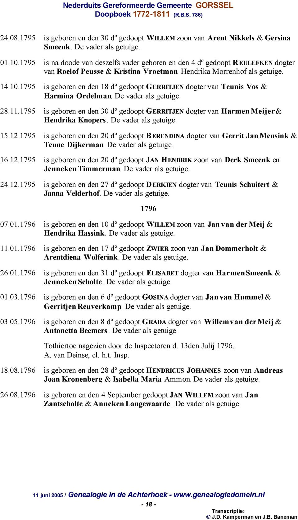 1795 is geboren en den 18 dº gedoopt GERRITJEN dogter van Teunis Vos & Harmina Ordelman. De vader als getuige. 28.11.