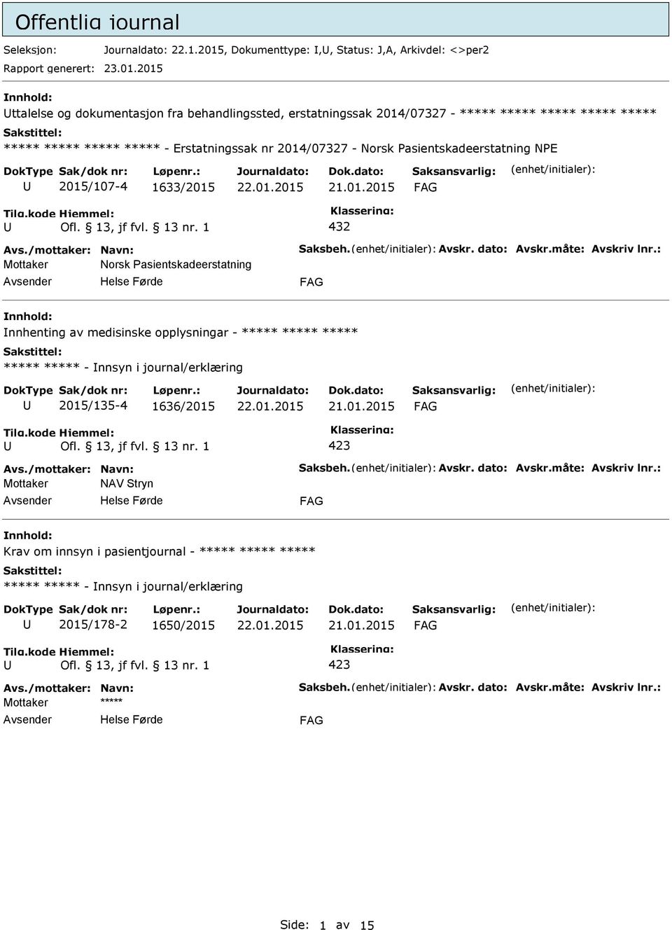 2015 ttalelse og dokumentasjon fra behandlingssted, erstatningssak 2014/07327 - ***** ***** ***** ***** ***** ***** ***** ***** ***** - Erstatningssak nr