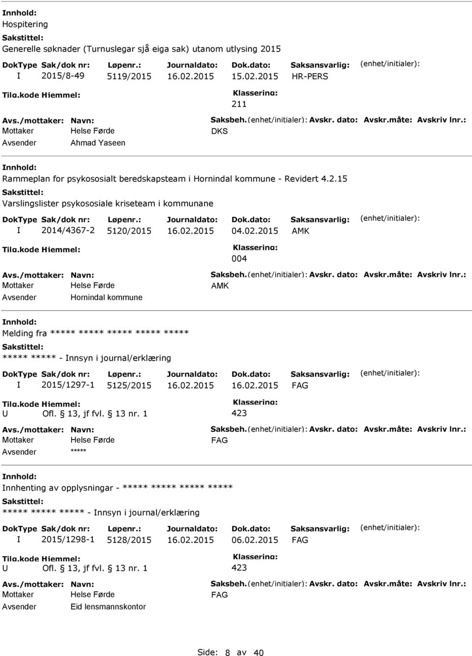 02.2015 AMK 004 AMK Hornindal kommune Melding fra ***** ***** ***** ***** ***** ***** ***** - nnsyn i journal/erklæring 2015/1297-1 5125/2015 *****