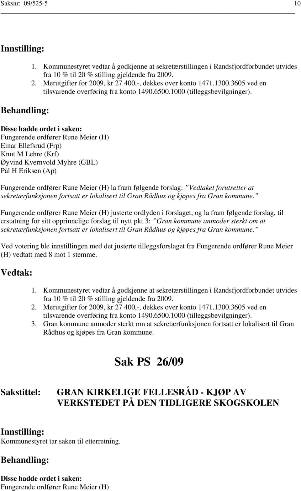 Pål H Eriksen (Ap) la fram følgende forslag: Vedtaket forutsetter at sekretærfunksjonen fortsatt er lokalisert til Gran Rådhus og kjøpes fra Gran kommune.