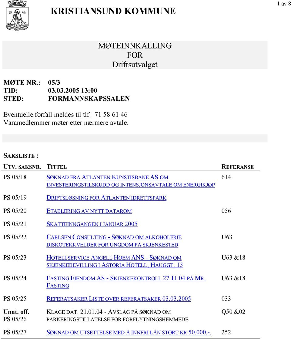 TITTEL PS 05/18 SØKNAD FRA ATLANTEN KUNSTISBANE AS OM INVESTERINGSTILSKUDD OG INTENSJONSAVTALE OM ENERGIKJØP REFERANSE 614 PS 05/19 DRIFTSLØSNING FOR ATLANTEN IDRETTSPARK PS 05/20 ETABLERING AV NYTT