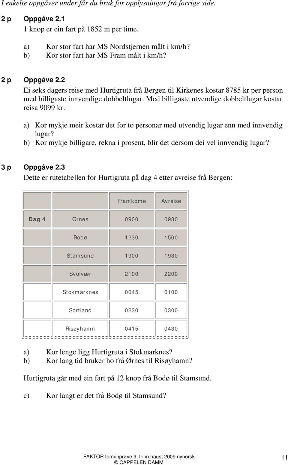 Med billigaste utvendige dobbeltlugar kostar reisa 9099 kr. a) Kor mykje meir kostar det for to personar med utvendig lugar enn med innvendig lugar?