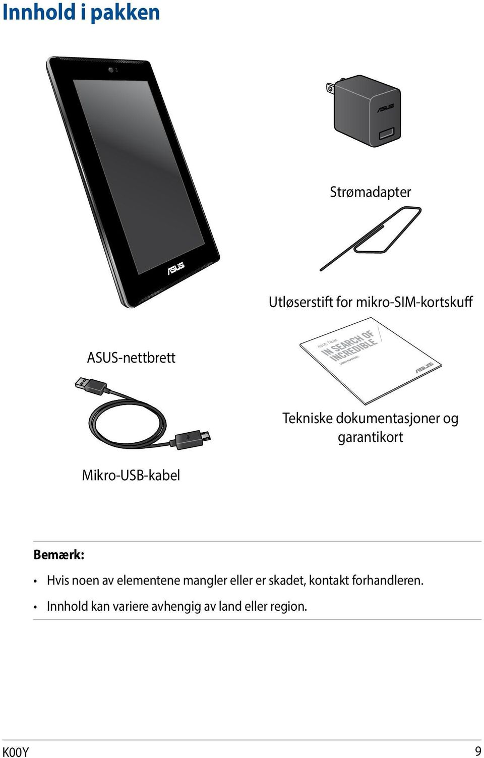 Mikro-USB-kabel Bemærk: Hvis noen av elementene mangler eller er