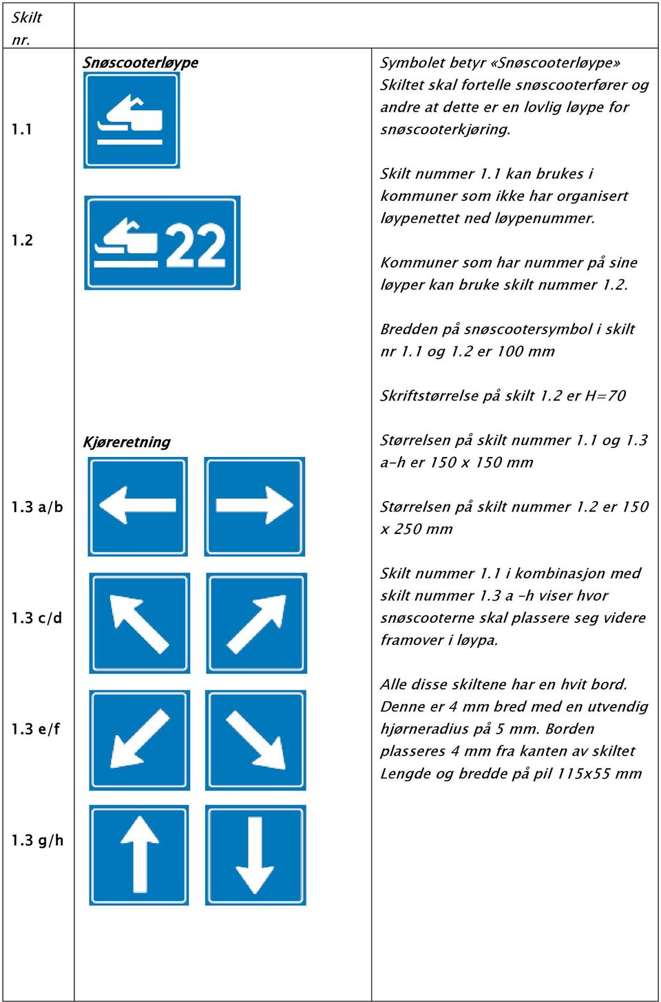 2 er 100 mm Skriftstørrelse på skilt 1.2 er H=70 Kjøreretning Størrelsen på skilt nummer 1.1 og 1.3 a-h er 150 x 150 mm 1.3 a/b Størrelsen på skilt nummer 1.2 er 150 x 250 mm 1.3 c/d Skilt nummer 1.