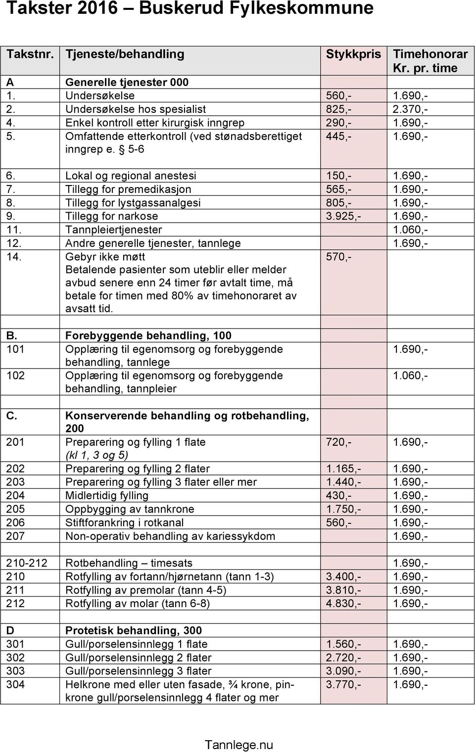 Tillegg for premedikasjon 565,- 1.690,- 8. Tillegg for lystgassanalgesi 805,- 1.690,- 9. Tillegg for narkose 3.925,- 1.690,- 11. Tannpleiertjenester 1.060,- 12. Andre generelle tjenester, tannlege 1.