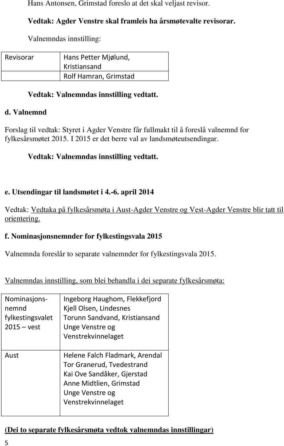 Forslag til vedtak: Styret i Agder Venstre får fullmakt til å foreslå valnemnd for fylkesårsmøtet 2015. I 2015 er det berre val av landsmøteutsendingar. Vedtak: Valnemndas innstilling vedtatt. e. Utsendingar til landsmøtet i 4.