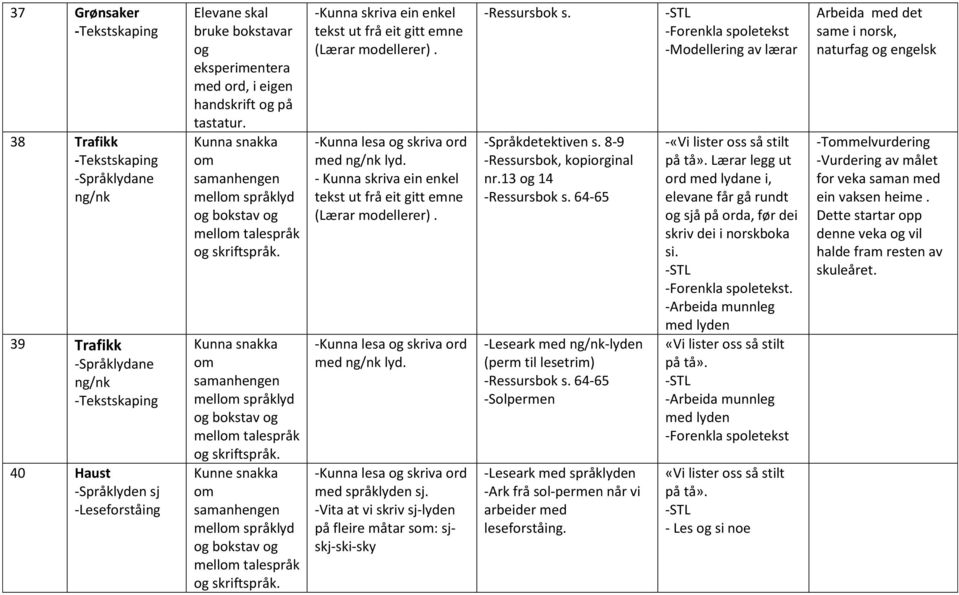 - Kunna skriva ein enkel tekst ut frå eit gitt emne (Lærar modellerer). -Kunna lesa og skriva ord med ng/nk lyd. -Kunna lesa og skriva ord med språklyden sj.