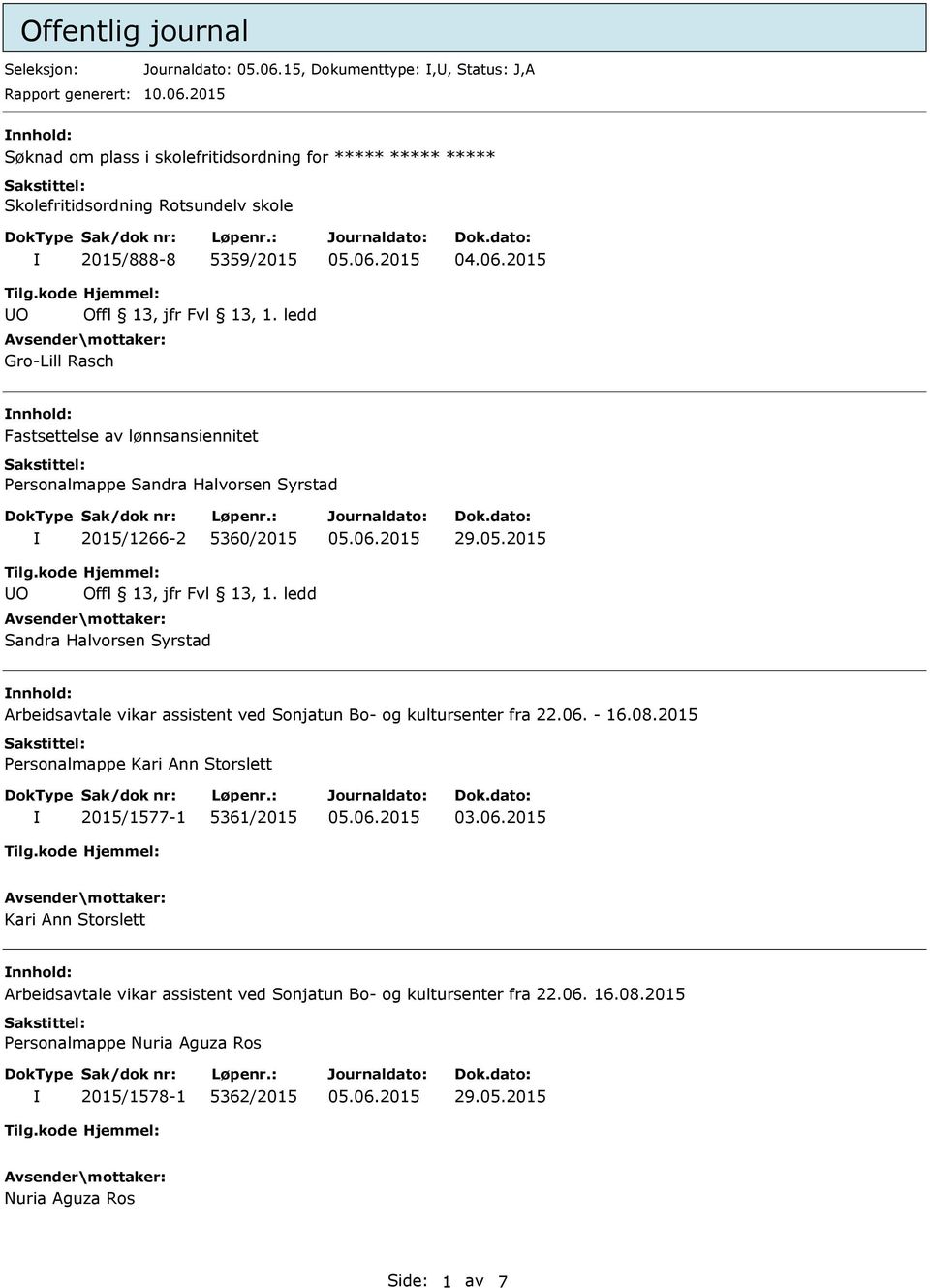 2015 nnhold: Søknad om plass i skolefritidsordning for Skolefritidsordning Rotsundelv skole 2015/888-8 5359/2015 Gro-Lill Rasch nnhold: Fastsettelse av lønnsansiennitet