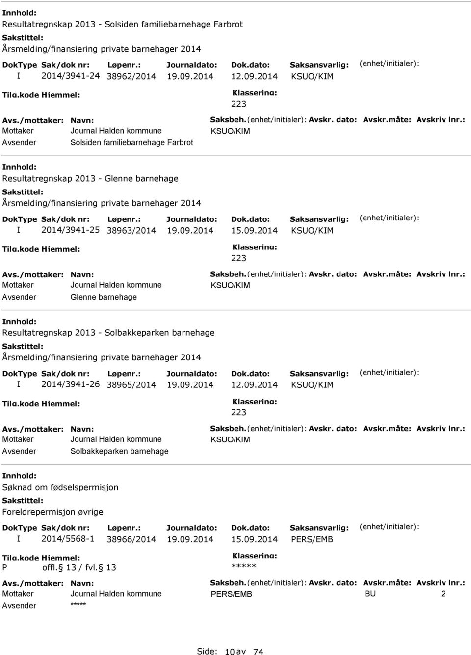 : KSUO/KM Avsender Solsiden familiebarnehage Farbrot nnhold: Resultatregnskap 2013 - Glenne barnehage Årsmelding/finansiering private barnehager 2014 2014/3941-25 38963/2014 15.09.