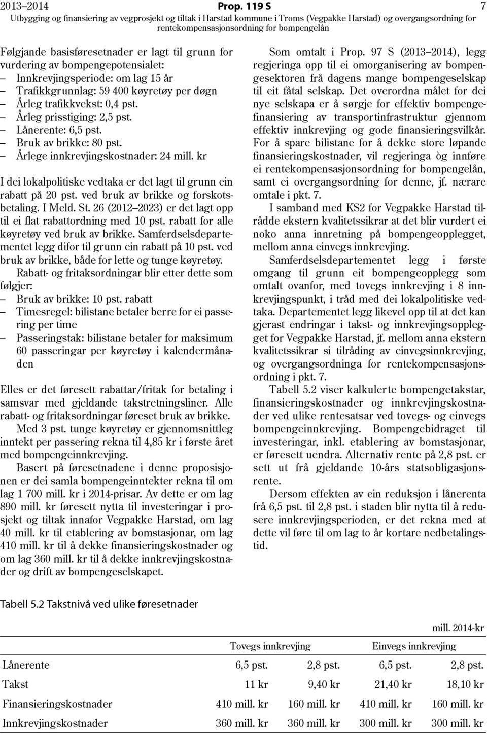 Årleg prisstiging: 2,5 pst. Lånerente: 6,5 pst. Bruk av brikke: 80 pst. Årlege innkrevjingskostnader: 24 mill. kr I dei lokalpolitiske vedtaka er det lagt til grunn ein rabatt på 20 pst.