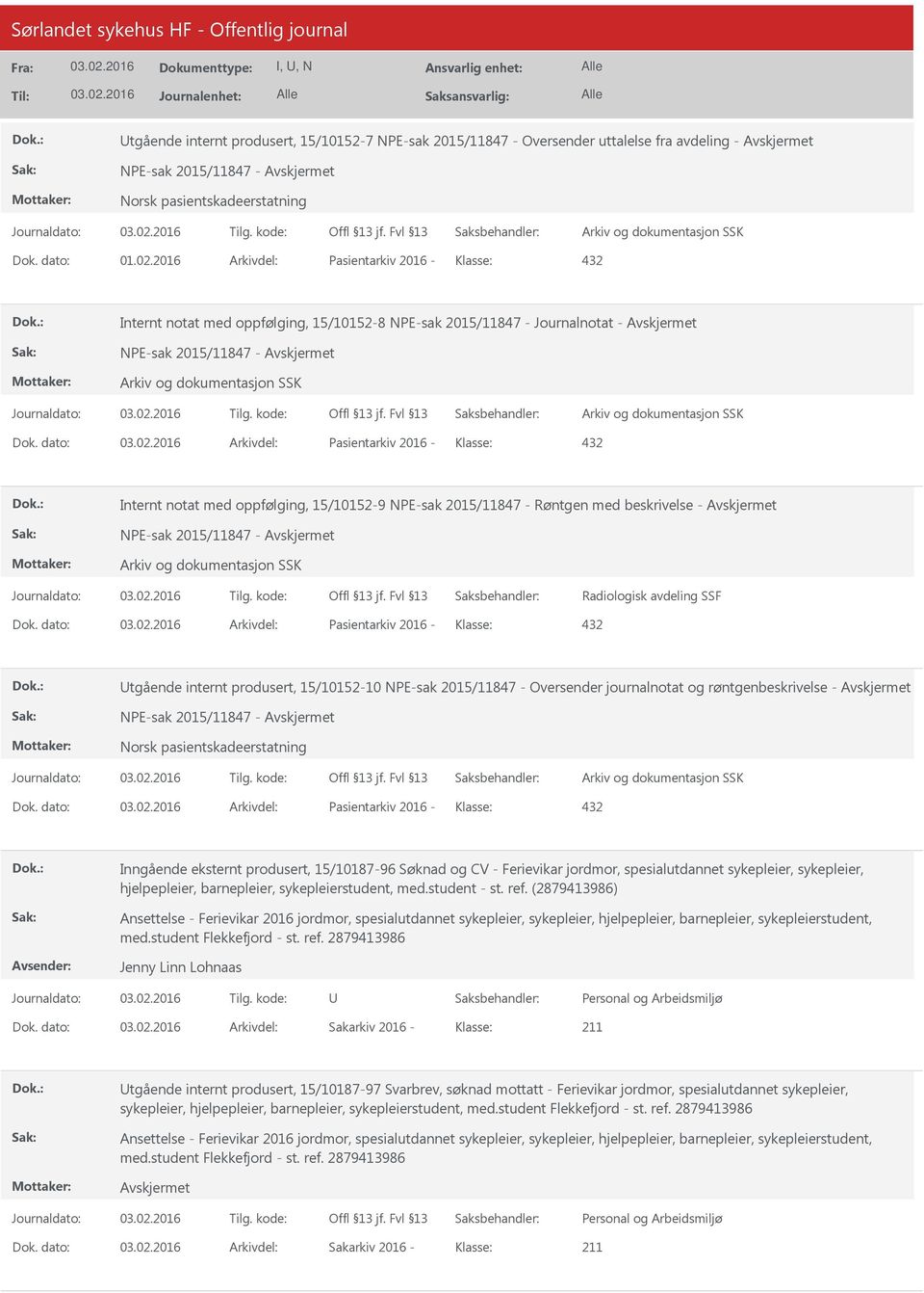 dato: Arkivdel: Pasientarkiv 2016 Klasse: Internt notat med oppfølging, 15/101529 NPEsak 2015/11847 Røntgen med beskrivelse NPEsak 2015/11847 Radiologisk avdeling SSF Dok.