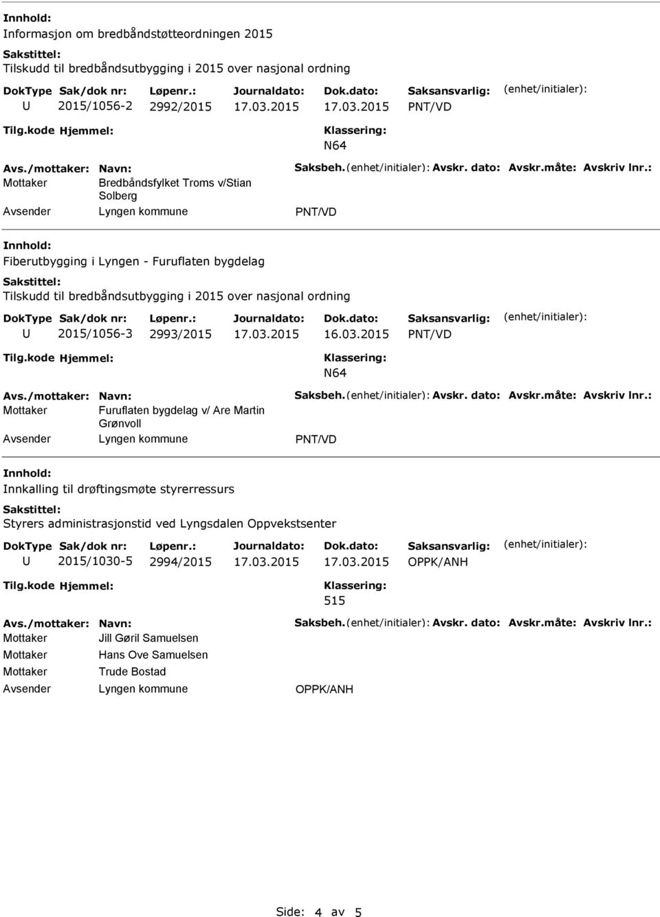 : Bredbåndsfylket Troms v/stian Solberg Fiberutbygging i Lyngen - Furuflaten bygdelag Tilskudd til bredbåndsutbygging i 2015 over nasjonal ordning 2015/1056-3 2993/2015 N64 Avs.