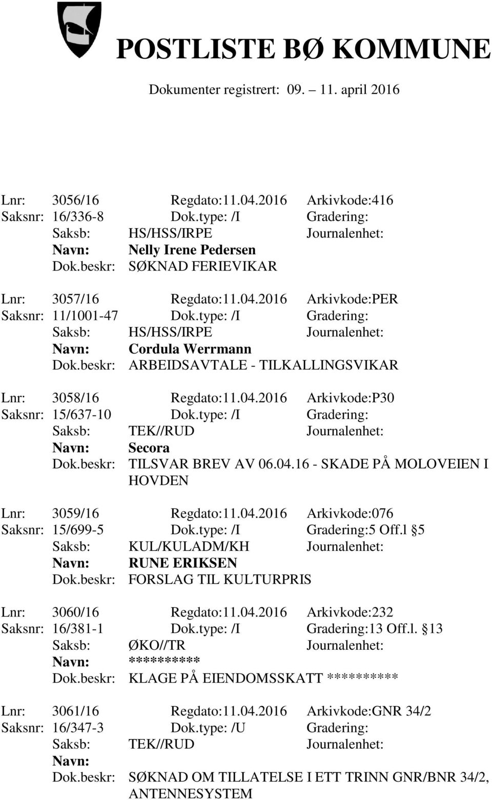 type: /I Gradering: Navn: Secora Dok.beskr: TILSVAR BREV AV 06.04.16 - SKADE PÅ MOLOVEIEN I HOVDEN Lnr: 3059/16 Regdato:11.04.2016 Arkivkode:076 Saksnr: 15/699-5 Dok.type: /I Gradering:5 Off.