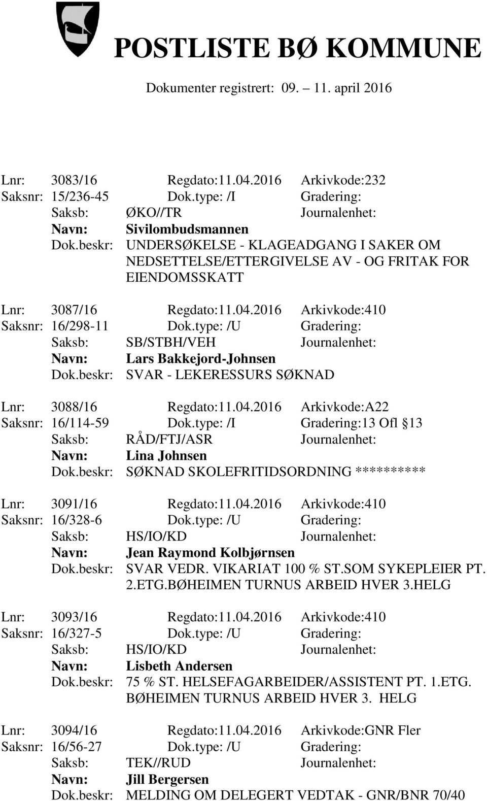 type: /U Gradering: Saksb: SB/STBH/VEH Journalenhet: Navn: Lars Bakkejord-Johnsen Dok.beskr: SVAR - LEKERESSURS SØKNAD Lnr: 3088/16 Regdato:11.04.2016 Arkivkode:A22 Saksnr: 16/114-59 Dok.