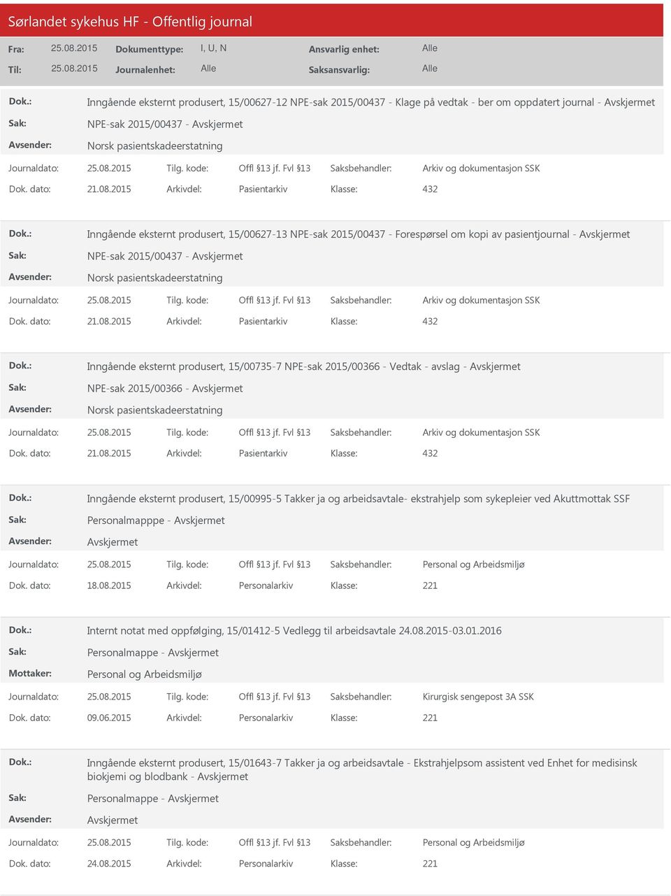 2015 Arkivdel: Pasientarkiv Inngående eksternt produsert, 15/00735-7 NPE-sak 2015/00366 - Vedtak - avslag - NPE-sak 2015/00366 - Norsk pasientskadeerstatning Dok. dato: 21.08.