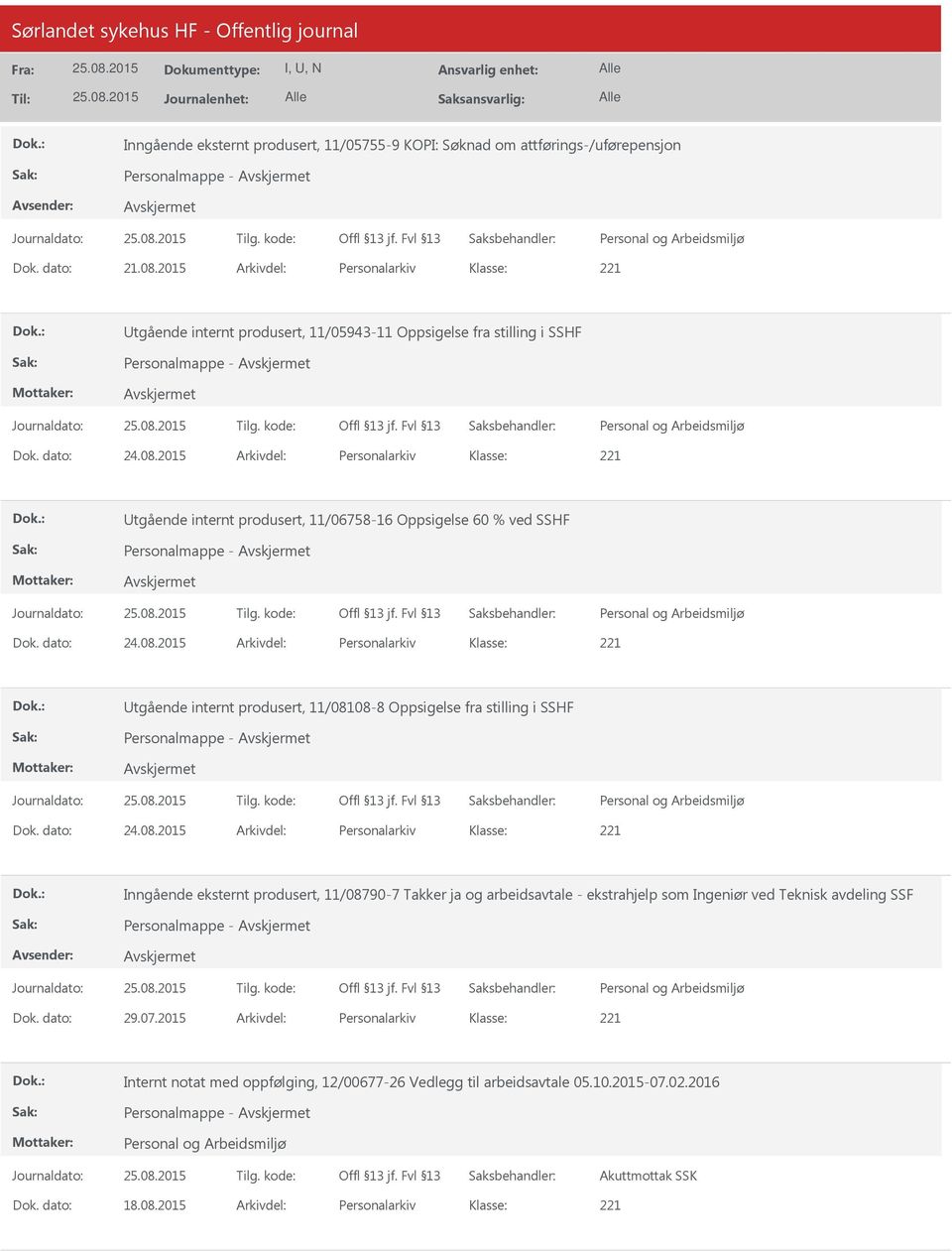 2015 Arkivdel: Personalarkiv Utgående internt produsert, 11/06758-16 Oppsigelse 60 % ved SSHF Personalmappe - Dok. dato: 24.08.