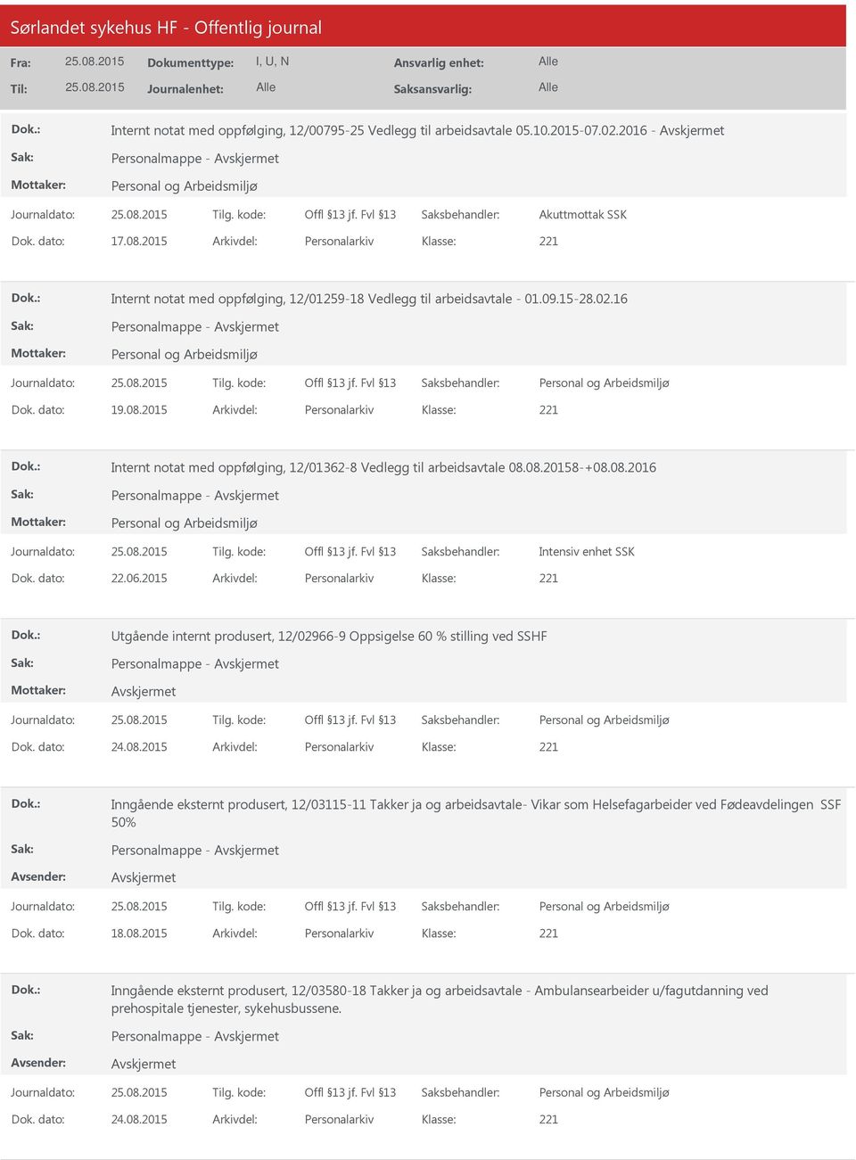 2015 Arkivdel: Personalarkiv Internt notat med oppfølging, 12/01362-8 Vedlegg til arbeidsavtale 08.08.20158-+08.08.2016 Personalmappe - Intensiv enhet SSK Dok. dato: 22.06.