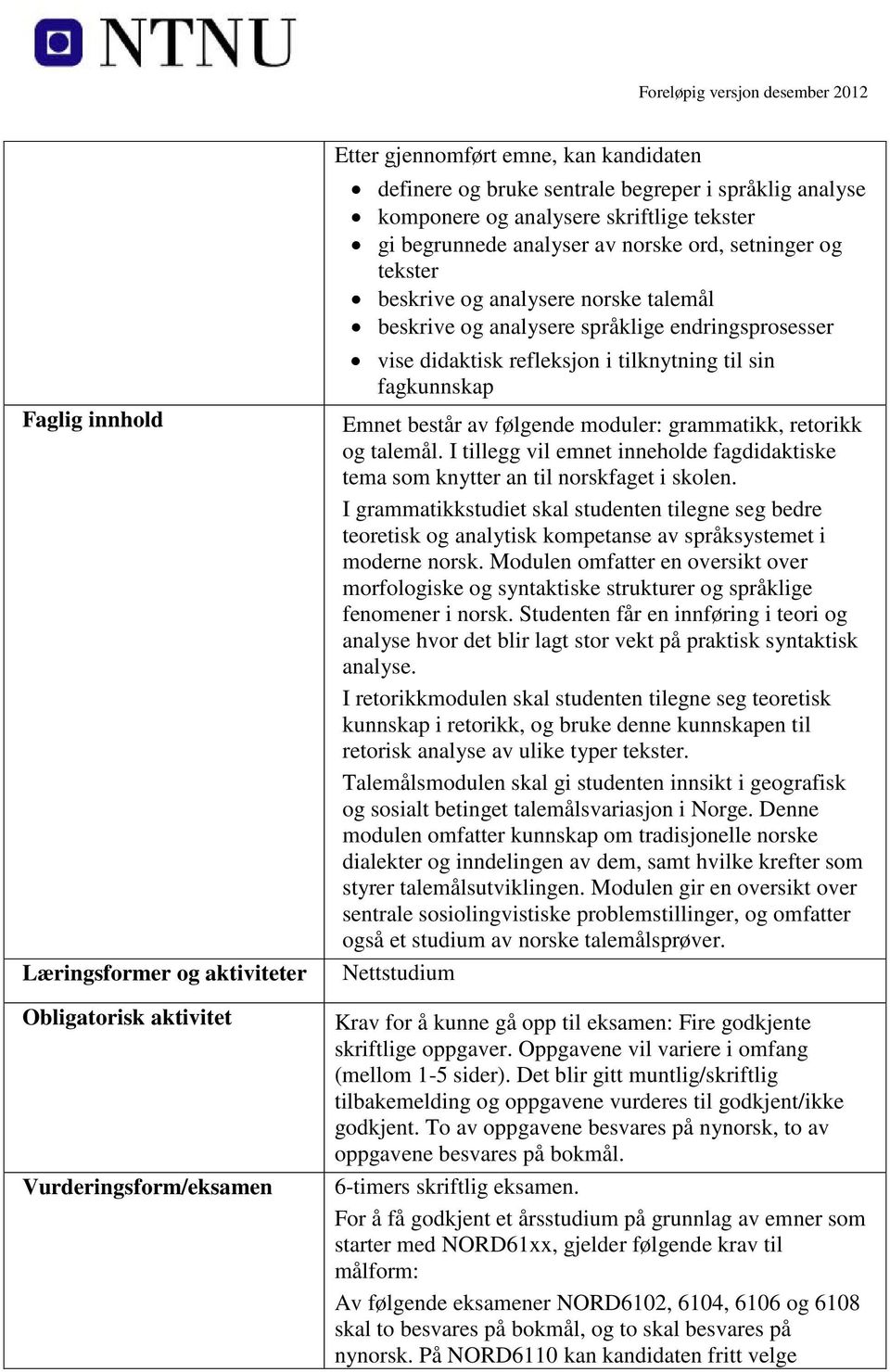 refleksjon i tilknytning til sin fagkunnskap Emnet består av følgende moduler: grammatikk, retorikk og talemål. I tillegg vil emnet inneholde fagdidaktiske tema som knytter an til norskfaget i skolen.