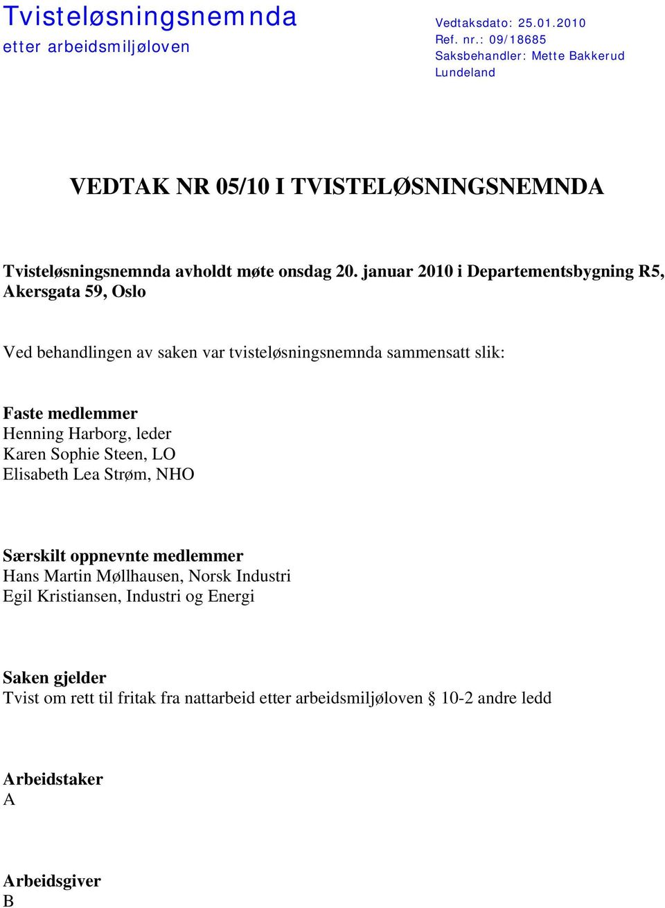 januar 2010 i Departementsbygning R5, Akersgata 59, Oslo Ved behandlingen av saken var tvisteløsningsnemnda sammensatt slik: Faste medlemmer Henning Harborg,