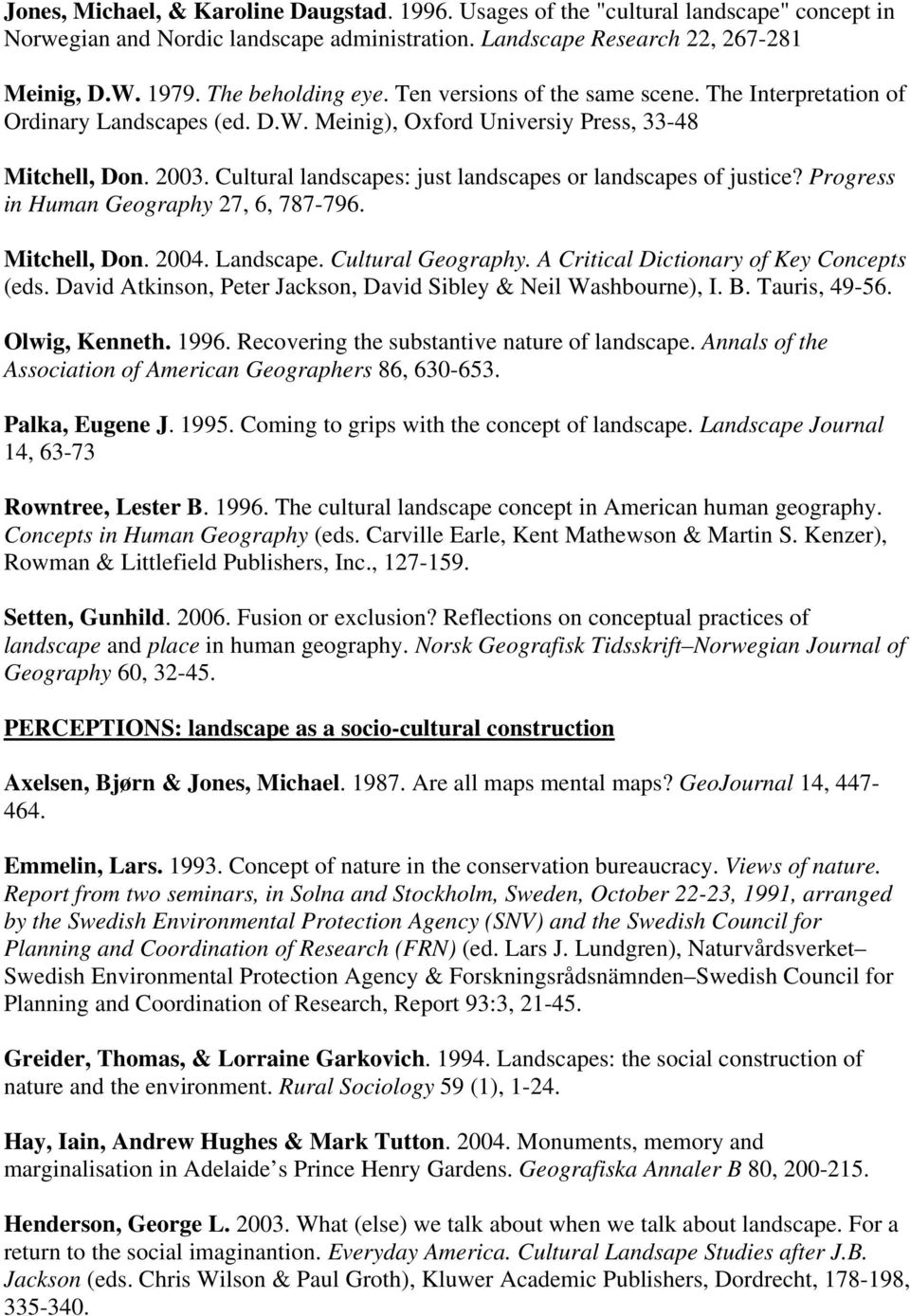 Cultural landscapes: just landscapes or landscapes of justice? Progress in Human Geography 27, 6, 787-796. Mitchell, Don. 2004. Landscape. Cultural Geography.