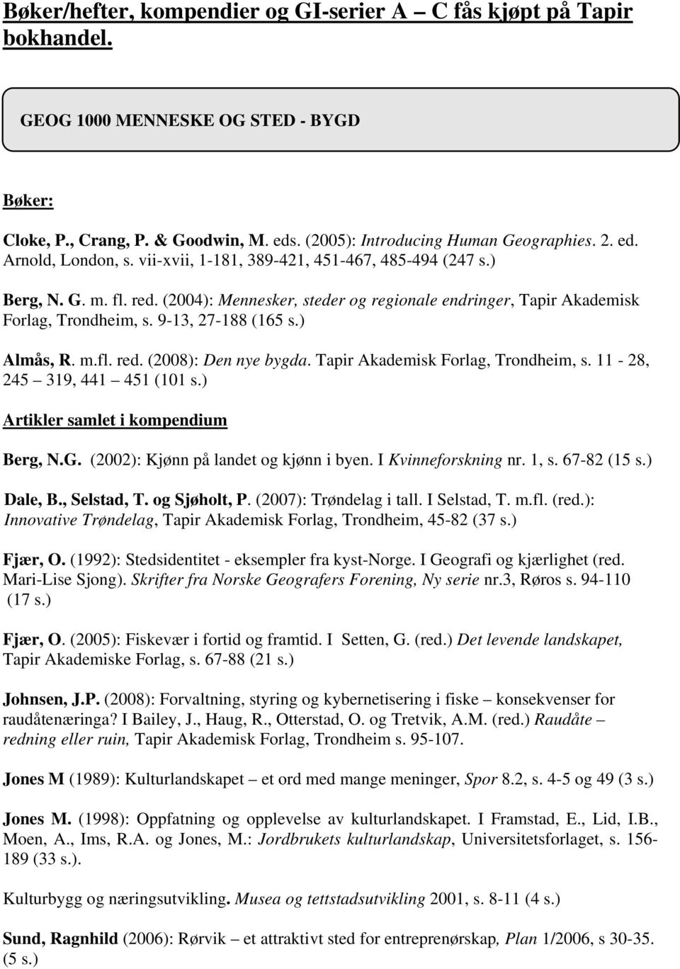Tapir Akademisk Forlag, Trondheim, s. 11-28, 245 319, 441 451 (101 s.) Artikler samlet i kompendium Berg, N.G. (2002): Kjønn på landet og kjønn i byen. I Kvinneforskning nr. 1, s. 67-82 (15 s.