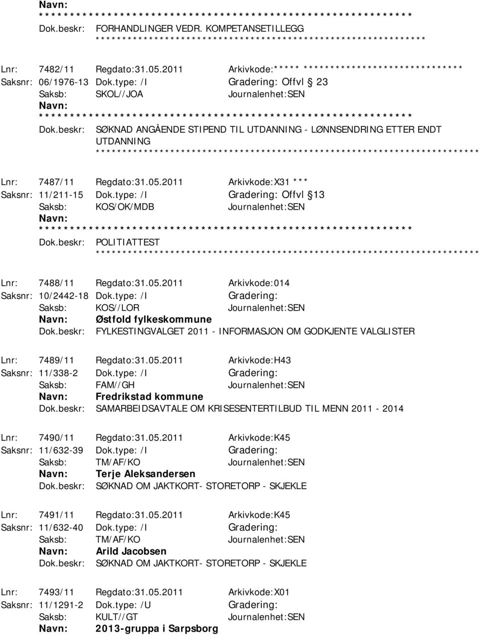 2011 Arkivkode:X31 *** Saksnr: 11/211-15 Dok.type: /I Offvl 13 Saksb: KOS/OK/MDB Journalenhet:SEN Dok.beskr: POLITIATTEST ************ Lnr: 7488/11 Regdato:31.05.