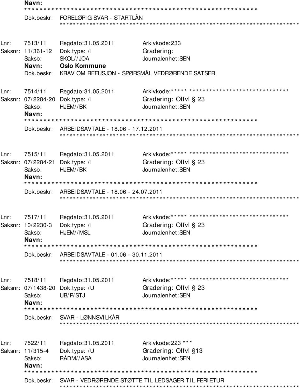 type: /I Offvl 23 Saksb: HJEM//BK Journalenhet:SEN Dok.beskr: ARBEIDSAVTALE - 18.06-17.12.2011 ************ Lnr: 7515/11 Regdato:31.05.