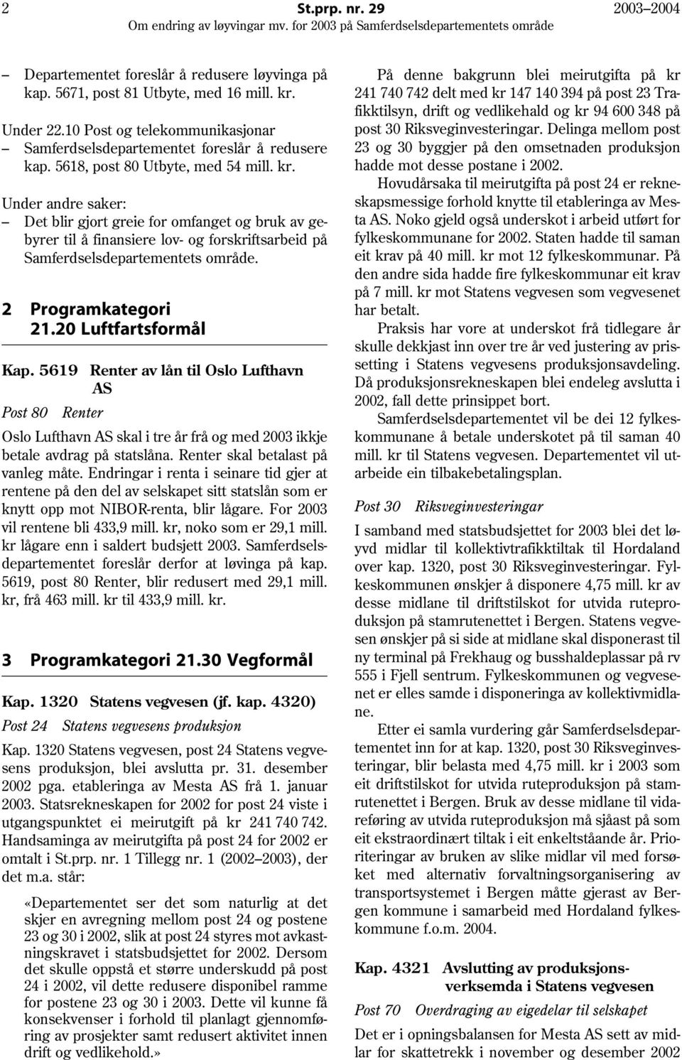 Under andre saker: Det blir gjort greie for omfanget og bruk av gebyrer til å finansiere lov- og forskriftsarbeid på Samferdselsdepartementets område. 2 Programkategori 21.20 Luftfartsformål Kap.