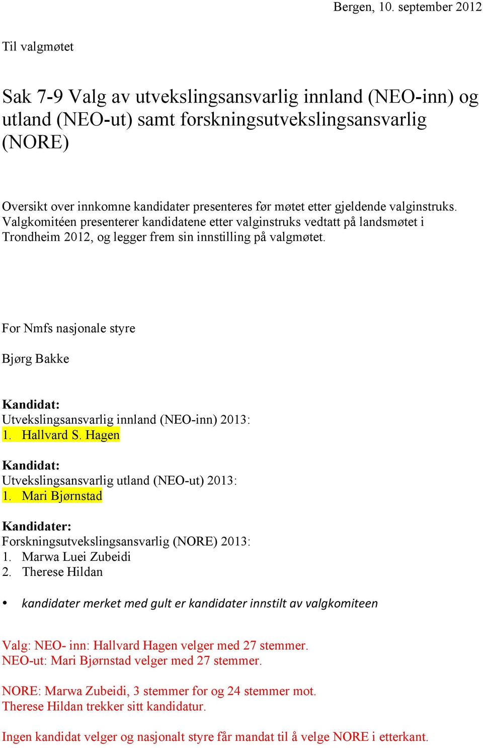 Kandidat: Utvekslingsansvarlig innland (NEO-inn) 2013: 1. Hallvard S. Hagen Kandidat: Utvekslingsansvarlig utland (NEO-ut) 2013: 1.
