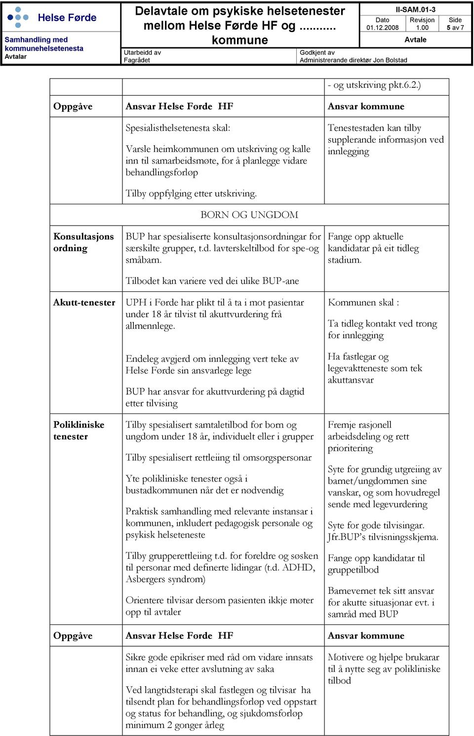 informasjon ved innlegging Konsultasjons ordning Akutt-tenester Polikliniske tenester Tilby oppfylging etter utskriving.