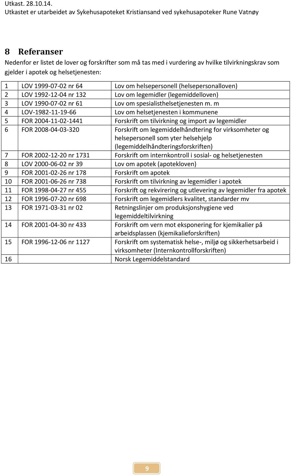 som gjelder i apotek og helsetjenesten: 1 LOV 1999-07-02 nr 64 Lov om helsepersonell (helsepersonalloven) 2 LOV 1992-12-04 nr 132 Lov om legemidler (legemiddelloven) 3 LOV 1990-07-02 nr 61 Lov om