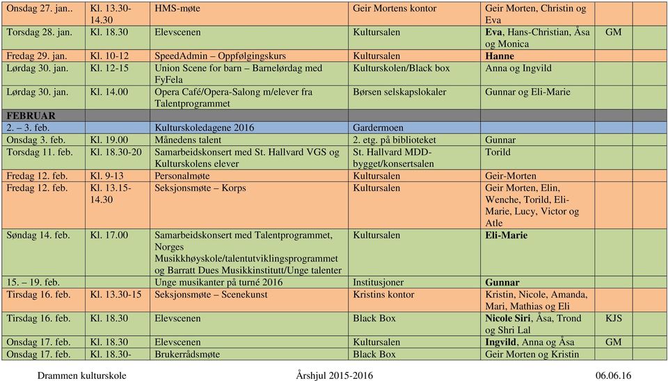 på biblioteket Gunnar Torsdag 11. feb. Kl. 18.30-20 Samarbeidskonsert med St. Hallvard VGS og St. Hallvard MDDbygget/konsertsalen Torild Kulturskolens elever Fredag 12. feb. Kl. 9-13 Personalmøte Kultursalen Geir-Morten Fredag 12.