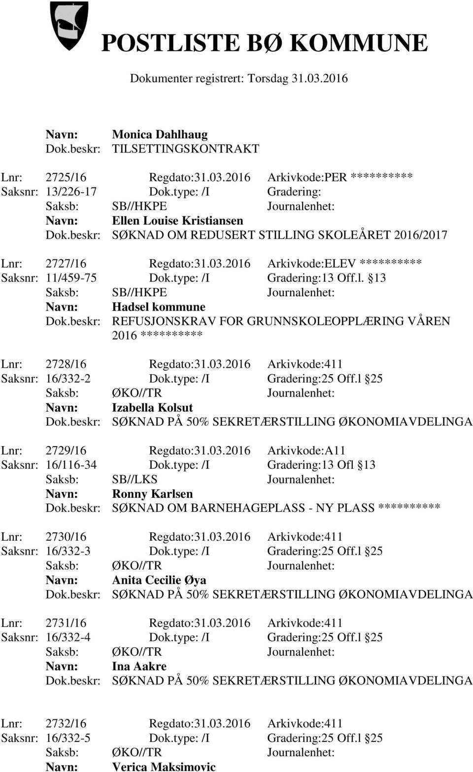 beskr: REFUSJONSKRAV FOR GRUNNSKOLEOPPLÆRING VÅREN 2016 ********** Lnr: 2728/16 Regdato:31.03.2016 Arkivkode:411 Saksnr: 16/332-2 Dok.type: /I Gradering:25 Off.