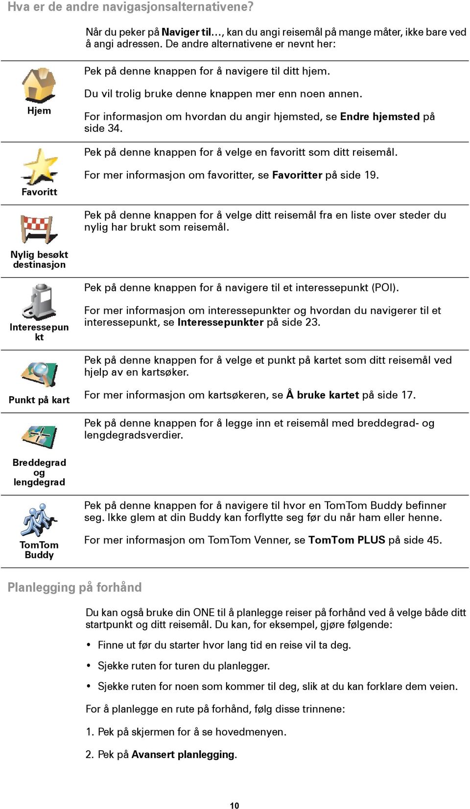 For informasjon om hvordan du angir hjemsted, se Endre hjemsted på side 34. Pek på denne knappen for å velge en favoritt som ditt reisemål.