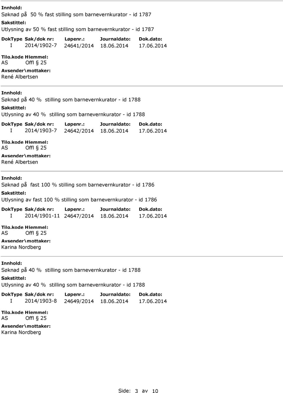 Søknad på fast 100 % stilling som barnevernkurator - id 1786 tlysning av fast 100 % stilling som barnevernkurator - id 1786 2014/1901-11 24647/2014 Karina Nordberg