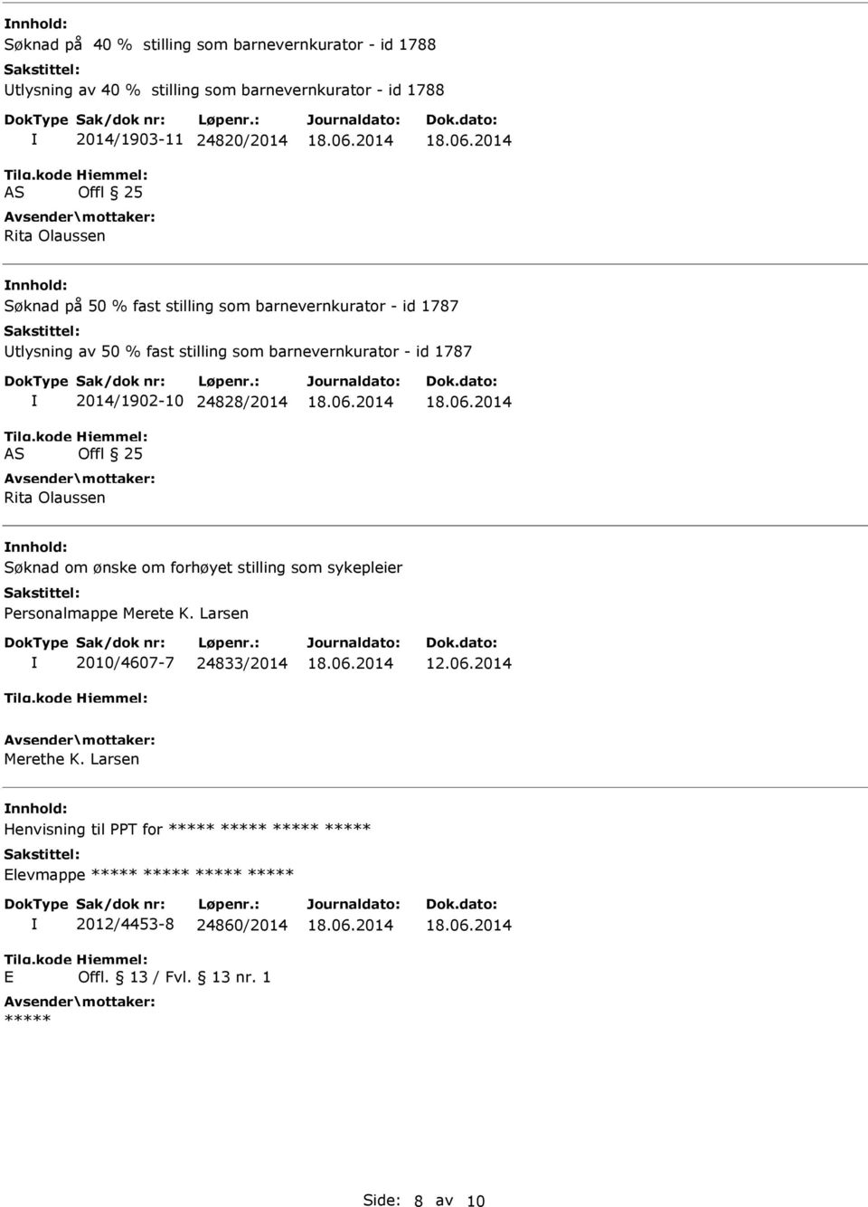 24828/2014 Rita Olaussen nnhold: Søknad om ønske om forhøyet stilling som sykepleier Personalmappe Merete K. Larsen 2010/4607-7 24833/2014 12.06.