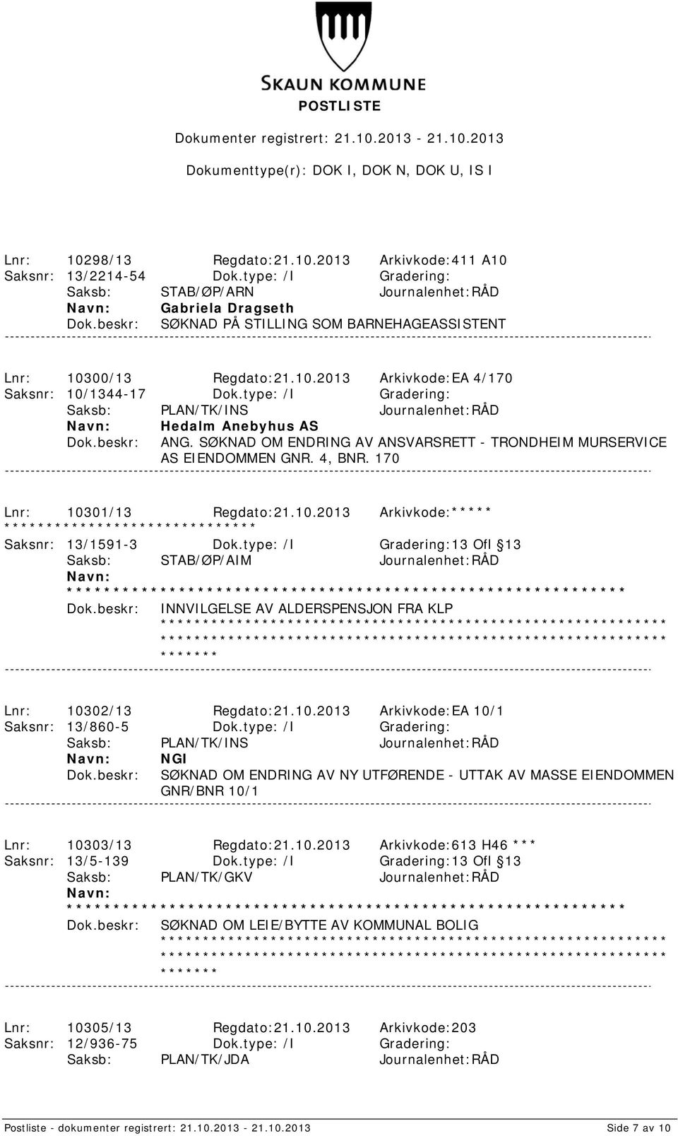 01/13 Regdato:21.10.2013 Arkivkode:***** ****************************** Saksnr: 13/1591-3 Dok.