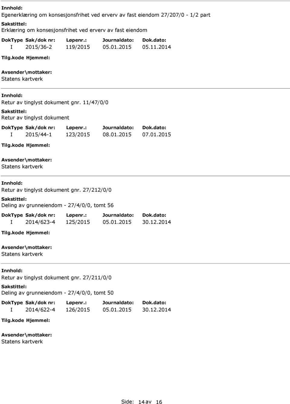 01.2015 nnhold: Retur av tinglyst dokument gnr. 27/212/0/0 Deling av grunneiendom - 27/4/0/0, tomt 56 2014/623-4 125/2015 30.12.2014 nnhold: Retur av tinglyst dokument gnr.