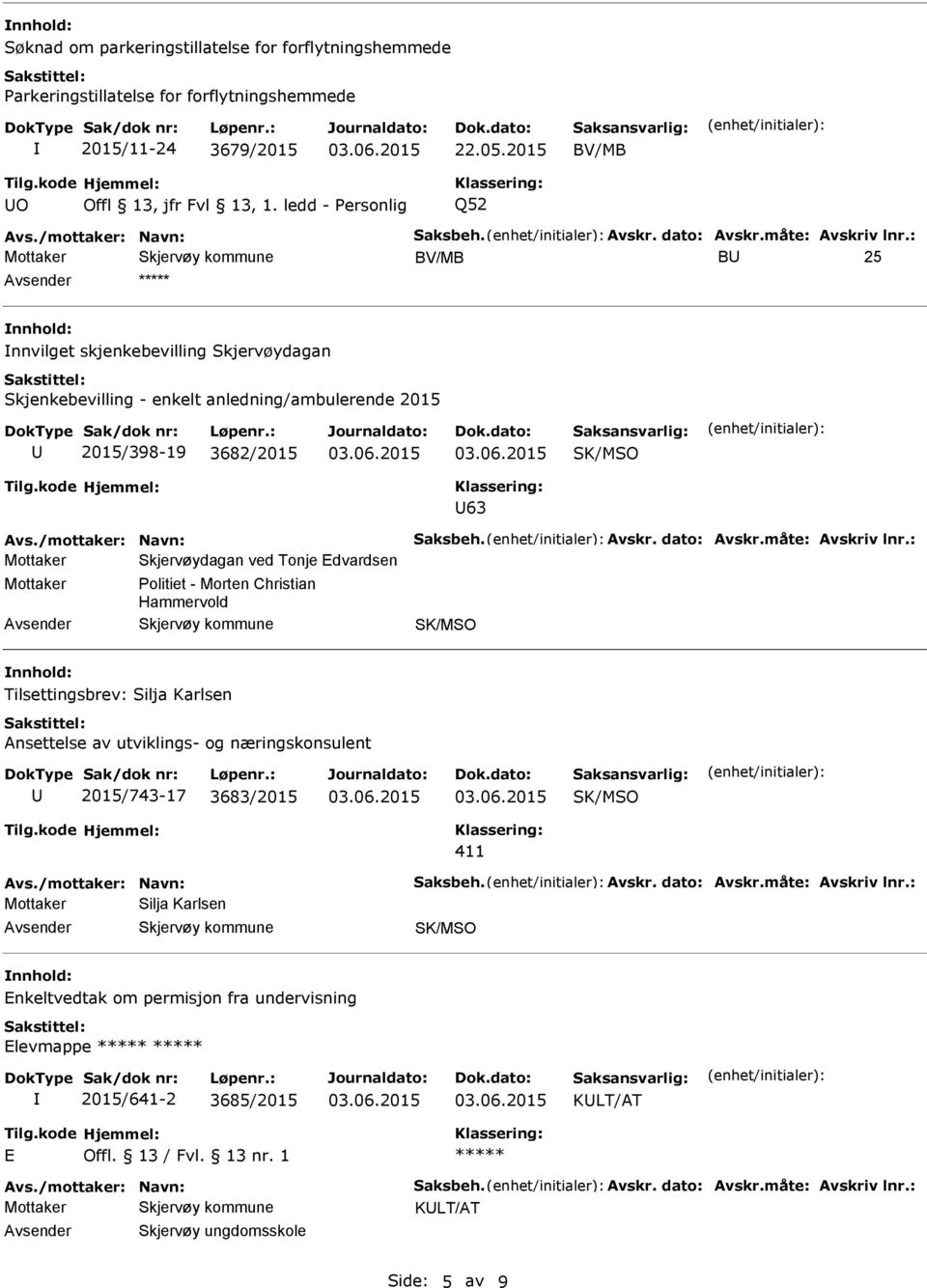 måte: Avskriv lnr.: Skjervøydagan ved Tonje Edvardsen olitiet - Morten Christian Hammervold Tilsettingsbrev: Silja Karlsen Ansettelse av utviklings- og næringskonsulent 2015/743-17 3683/2015 411 Avs.