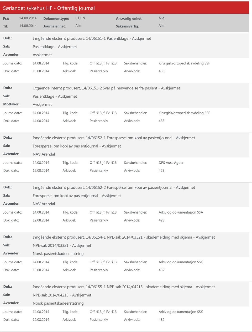 dato: Arkivdel: Pasientarkiv Arkivkode: 433 Inngående eksternt produsert, 14/06152-1 Forespørsel om kopi av pasientjournal - Forespørsel om kopi av pasientjournal - NAV Arendal DPS Aust-Agder Dok.