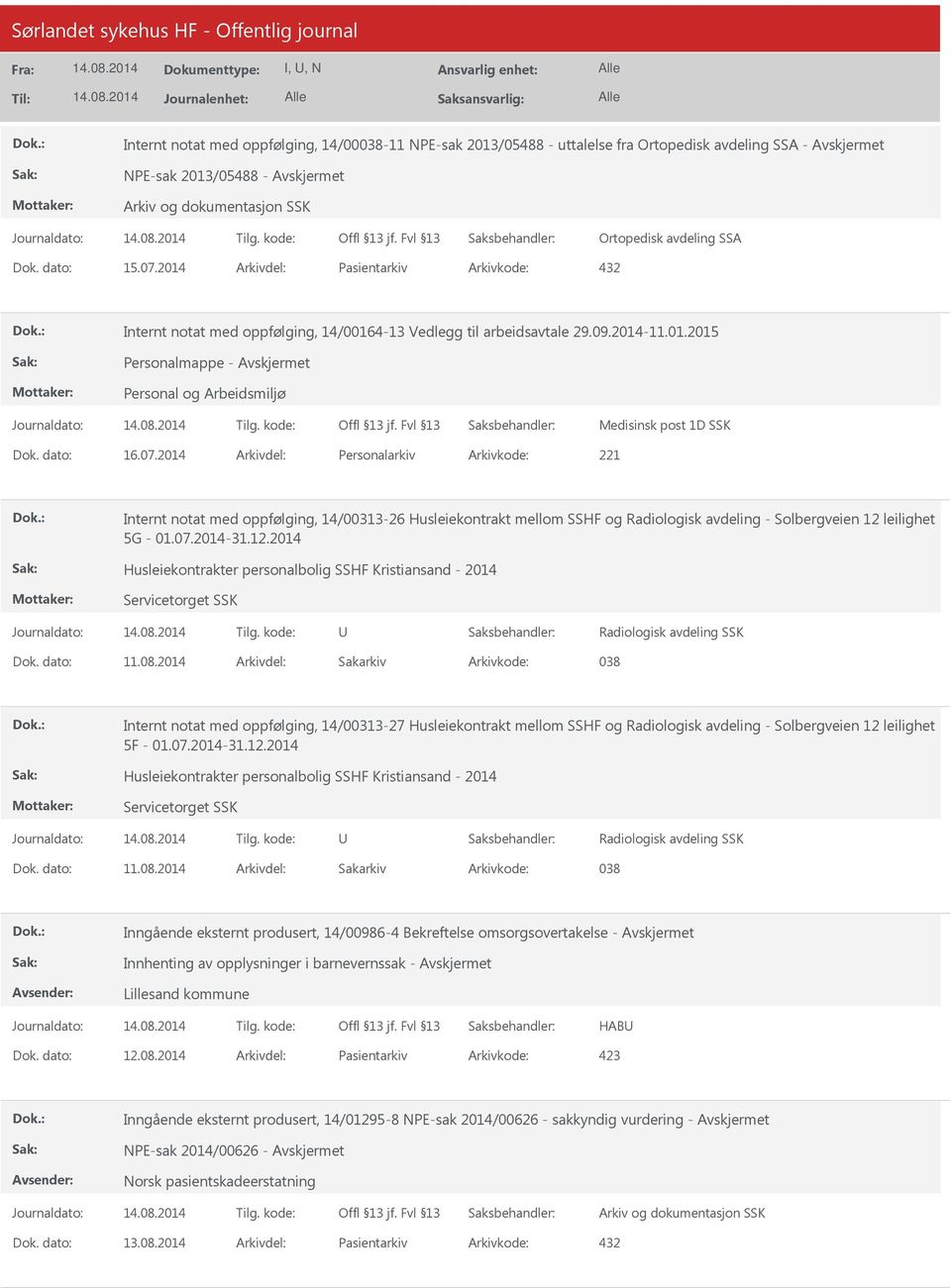 2014 Arkivdel: Personalarkiv Arkivkode: 221 Internt notat med oppfølging, 14/00313-26 Husleiekontrakt mellom SSHF og Radiologisk avdeling - Solbergveien 12 