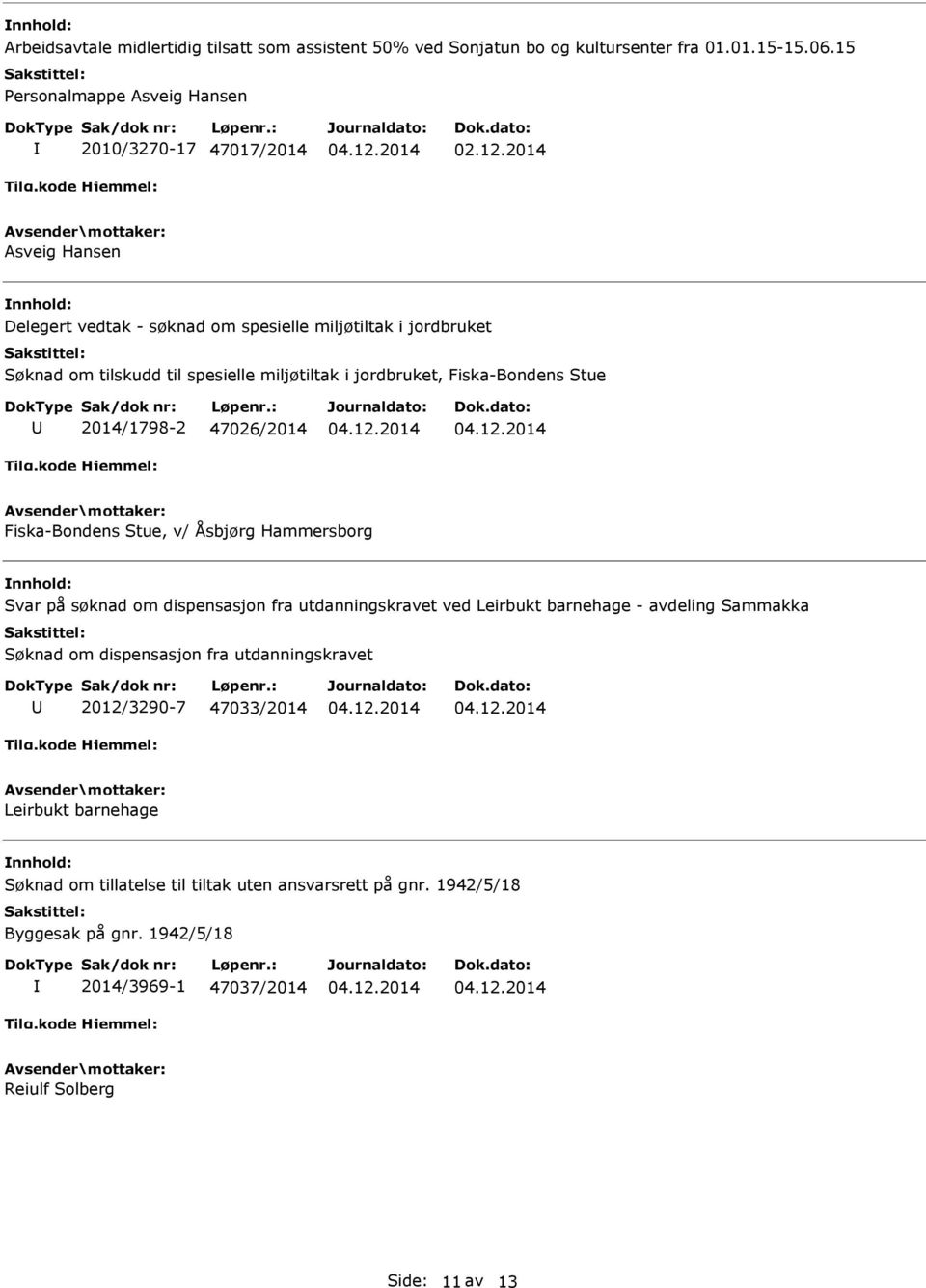 47026/2014 Fiska-Bondens Stue, v/ Åsbjørg Hammersborg Svar på søknad om dispensasjon fra utdanningskravet ved Leirbukt barnehage - avdeling Sammakka Søknad om dispensasjon fra