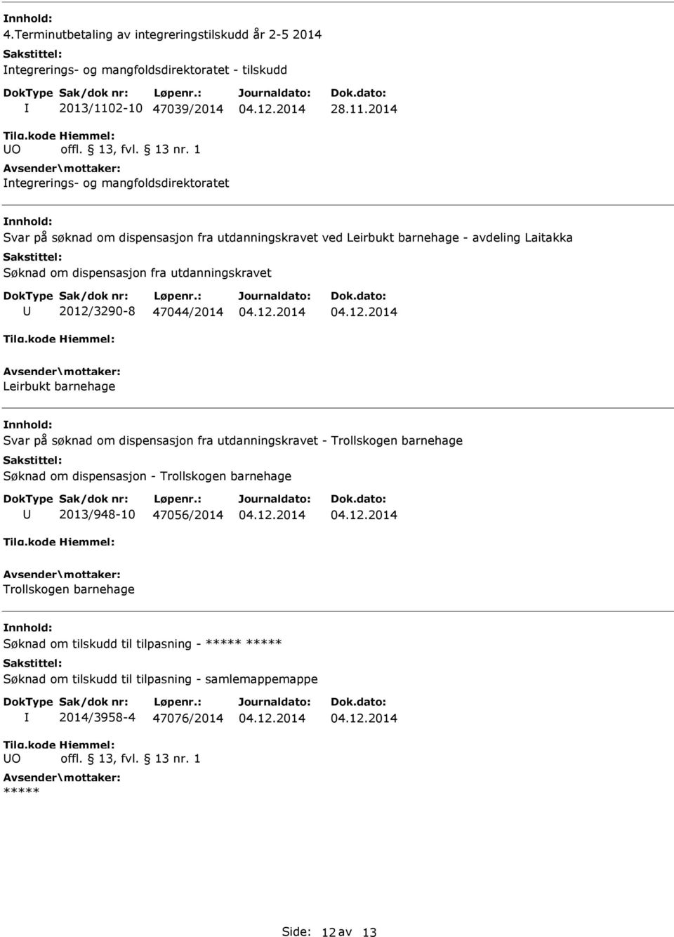 2014 Svar på søknad om dispensasjon fra utdanningskravet ved Leirbukt barnehage - avdeling Laitakka Søknad om dispensasjon fra utdanningskravet 2012/3290-8 47044/2014