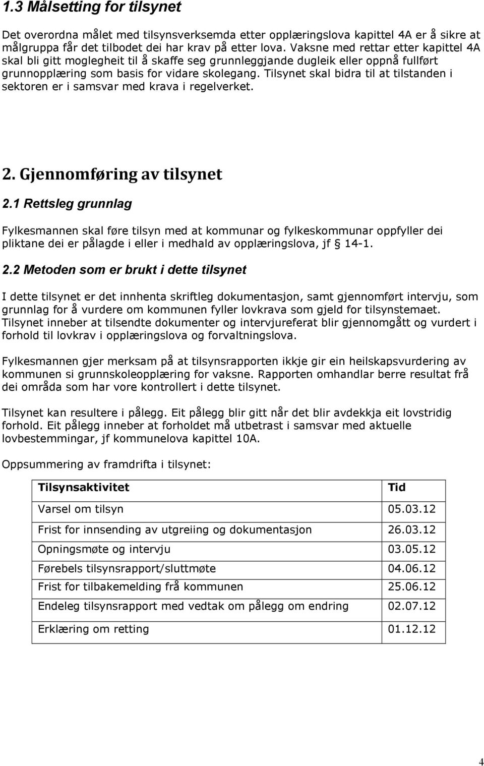 Tilsynet skal bidra til at tilstanden i sektoren er i samsvar med krava i regelverket. 2. Gjennomføring av tilsynet 2.