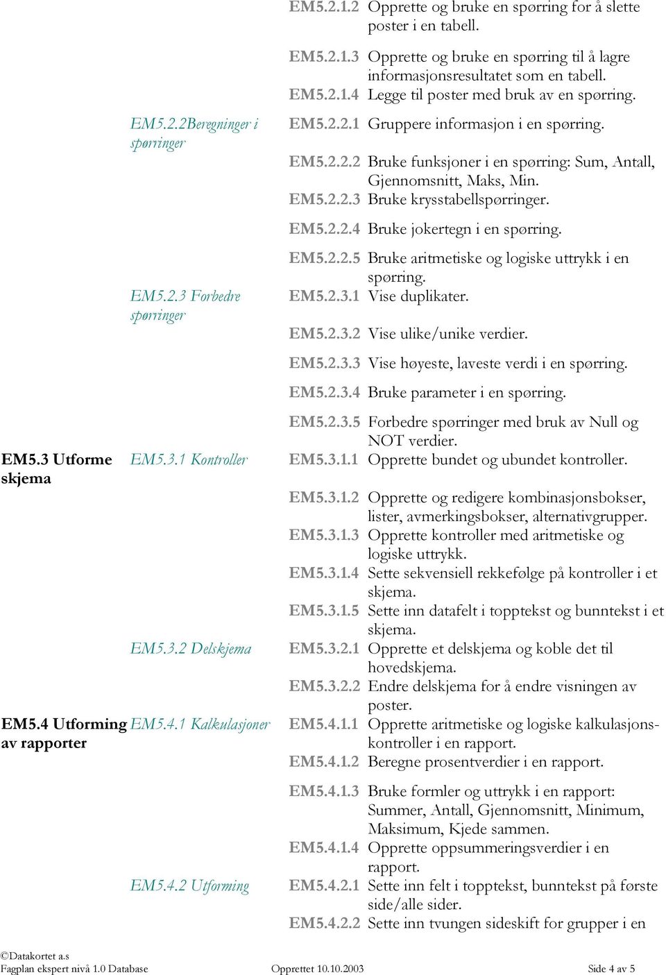 EM5.2.2.1 Gruppere informasjon i en spørring. EM5.2.2.2 Bruke funksjoner i en spørring: Sum, Antall, Gjennomsnitt, Maks, Min. EM5.2.2.3 Bruke krysstabell. EM5.2.2.4 Bruke jokertegn i en spørring. EM5.2.2.5 Bruke aritmetiske og logiske uttrykk i en spørring.